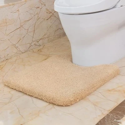 Afbeelding van VANZAVANZU Zachte wc mat met uitsparing, antislip, toiletmat van dikke en pluizige microvezel, 50 x 60 cm (beige)