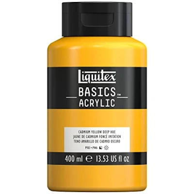 Afbeelding van Liquitex Basics 8870316 Monopigmenteerde acrylverf, kunstenaarspigmenten, lichtecht, gemiddelde viscositeit, archiefkwaliteit, zijdeglanzende afwerking, 400ml Cadmium Yellow Deep Hue