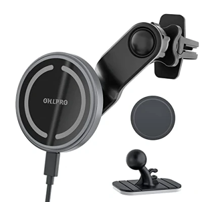 Afbeelding van OHLPRO Compatibel met Magsafe Autohouder, Magnetische Draadloze Auto oplader Uitgebreide Arm, Blokkeert Nooit Luchtroosters voor iphone 15/14/13/12 Serie, 15W Snel Opladen Telefoonhouder