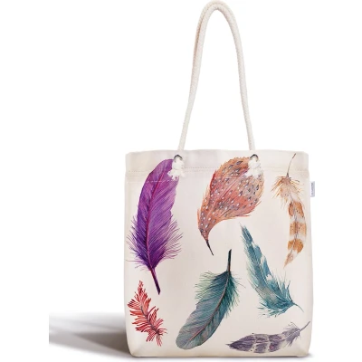 Afbeelding van Schoudertas Dames met rits Kleurrijk Veren Bedrukt Strandtas Canvas 45x50 Shopper tas tassen Zomer Hobby
