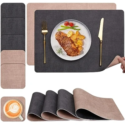 Afbeelding van Myir JUN Amerikaanse placemats, dubbelzijdig, antislip, waterdicht, ontbijtplankjes, kunststof, gemakkelijk te reinigen, placemats (set van 6, grijs/roze)