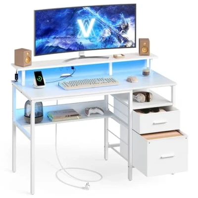 Afbeelding van VASAGLE Gaming Bureau met Stoffen Laden, Computertafel Monitorstandaard, LED verlichting, 55 x 120 90 cm, Stekkerdoos, 2 USB poorten, voor Thuiskantoor, Esdoornwit LWD093W01