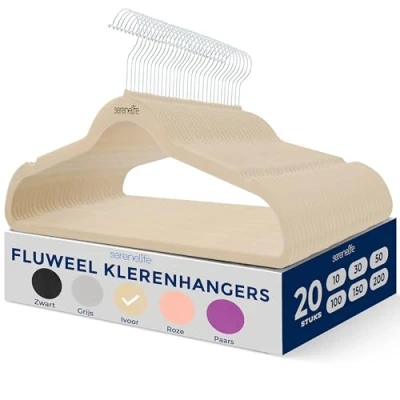 Afbeelding van SereneLife Kleerhanger Fluwelen Hangers Antislip Ruimtebesparende Kledinghangers 20 Stuks Duurzaam en Sterk voor Hemden, Truien, Hoodies, Kinderkleding Jurken Lichtgewicht Ivoor