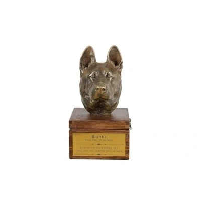 Afbeelding van Art Dog handgemaakte aangepaste hondenherdenkingsurn koudgegoten bronzen hondenkop op berkenbasis langdurige hondencrematiedoos 16x28x16cm Duitse herder