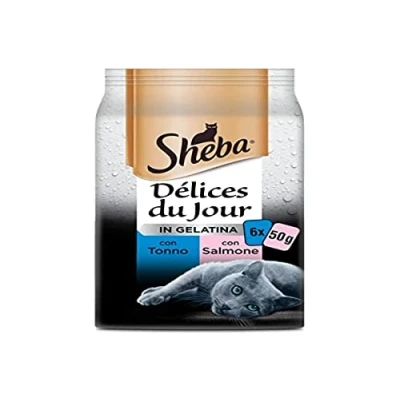 Afbeelding van Sheba Délice Du Jour natvoer voor katten, tonijn en zalm in gelei, 12 verpakkingen met elk 6 zakjes x 50 g, totaal 3600 g
