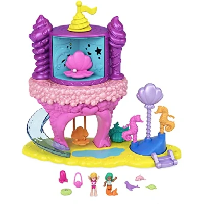 Afbeelding van Polly Pocket Regenboogspeelland Zeemeerminattractie speelset, en Zeemeerminpoppen, 15 accessoires, uitdeelfunctie voor verrassingen, geweldig cadeau kinderen vanaf 4 jaar