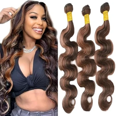 Afbeelding van Tuheers Human Hair Extensions Brown Bundles P430 Highlight 3 Body Wave for Woman 22 Inches Brazilian Virgin Bundle Total 300g