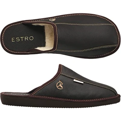 Afbeelding van ESTRO Pantoffels Heren Herenpantoffels Thuis Instappantoffels Herenslipper Huisschoenen Leer Memory Foam Traagschuim FROST (44, Cacao/Wol)