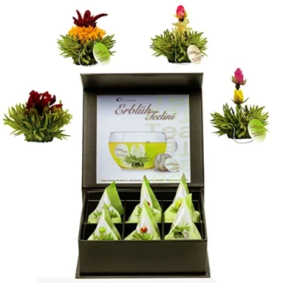 Afbeelding van Creano 6 theebloemen geschenkdoos groene thee in luxe magneetdoos met zilveren reliëf 4 verschillende soorten