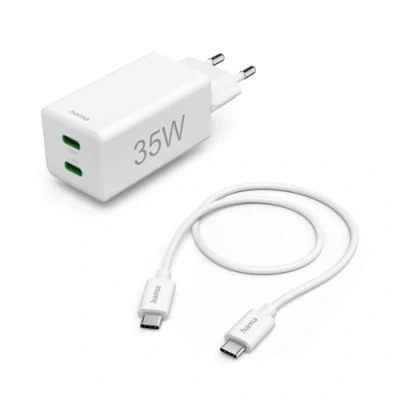 Afbeelding van Hama Snellader + kabel, 2x USB C, PD/QC, minilader, 35W, 1 m, Wit (35 W), lader,