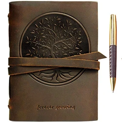 Afbeelding van Leren Notitieboekje voor Mannen en Vrouwen met Levensboom in Reliëf, A5 20 x 15 cm Lederen Dagboek Vintage Leer Gebonden Notitieboek + Pen 300 Ongevoerd Pagina&#039;s Handgemaakt Reisdagboek Schetsboek