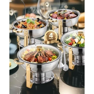 Afbeelding van VEVOR Chafing Dish Set Buffet Voedselwarmer 4.7L Goud Glazen Deksel Rond Feest
