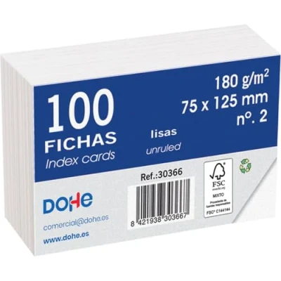 Afbeelding van Dohe Gladde indexkaarten van karton, 100 stuks, kaarten om te schrijven, afmetingen 12,5 x 7,5 cm, 180 g/m², nr. 2, kantoormateriaal, wit