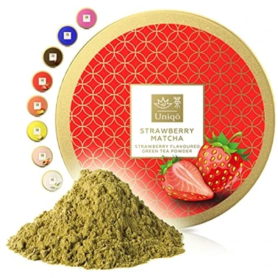 Afbeelding van Tea Uniqo Aardbei Matcha poeder, ideaal voor ijs, latte, shakes, om te bakken, koken of puur drinken, groene theepoeder met aardbeiensmaak, 100% natuurlijk, in hersluitbare doos