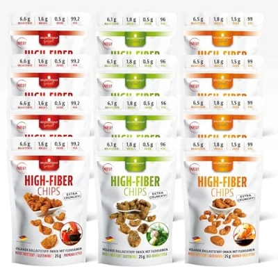 Afbeelding van GOLDEN PEANUT Gourmet High Fiber Chips Mix 12 x 25 g, paprika, dille onion, mango chili, verzadigende vezelsnack, omega 3, veganistisch en glutenvrij