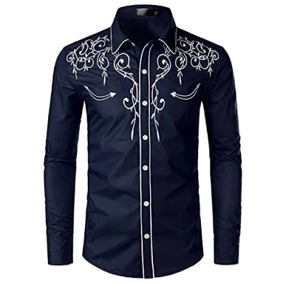 Afbeelding van NW Mens stijlvolle westerse cowboy shirt geborduurd slim fit casual lange mouwen shirts heren bruiloft party shirt, marineblauw, L