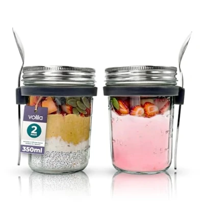 Afbeelding van Glazen potten voor ontbijt (330 ml) overnight oats potten, voorraadpotten glas, mason jar met luchtdichte deksel en lepel (2 stukjes zilver) food container, container