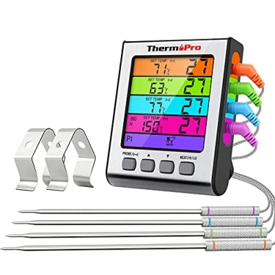 Afbeelding van ThermoPro TP17H Digitale vleesthermometer, keukenthermometer met 4 temperatuursondes voor oven, grill, barbecue, thermometer achtergrondverlichting