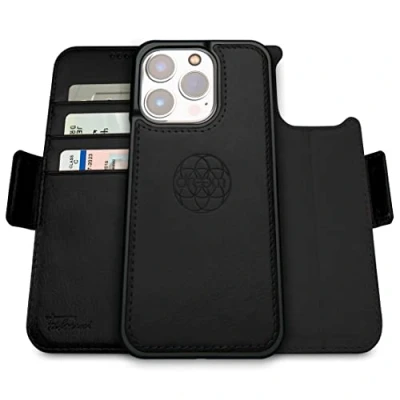 Afbeelding van Dreem Fibonacci iPhone 14 Pro Portemonnee Hoesje / 2 in 1 Schokbestendig MagSafe Compatibel en Afneembaar Luxe Vegan Lederen Folio met RFID Kaartbescherming Multi Standaard [Zwart]