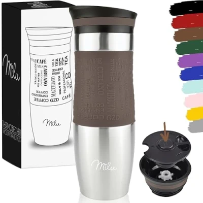 Afbeelding van Milu Thermosbeker 370ml 450ml Geïsoleerde mok Koffiemok voor onderweg 100% lekvrij Roestvrijstalen drinkmok Automok dubbele wand isolatie Thermo Reismok ( bruin, 450 ml).