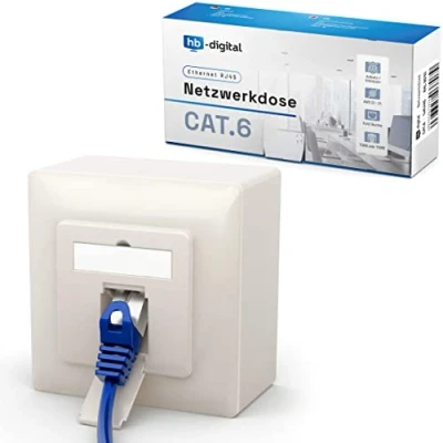 Afbeelding van hb digital 1x CAT 6 netwerkaansluiting voor CAT.8, CAT.7, CAT.6A, CAT.6, CAT.5 installatiekabel met RJ45 poort, opbouw /inbouwgegevensdoos universeel EIA/TIA 568A en B 8P8C, Gigabit ethernet,