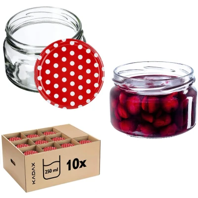 Afbeelding van KADAX Kleine inmaakpotten, 250 ml, jampotten met deksel, luchtdichte potten om cadeau te geven, mini voor honing en specerijen (10 stuks, rood gestippeld)