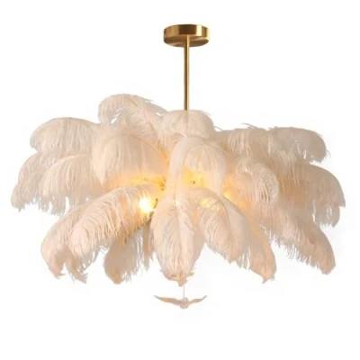 Afbeelding van GUANSHAN Hanglamp met witte struisvogelveren lampenkap, hanglamp, plafondlamp, plafondlamp voor slaapkamer, woonkamer