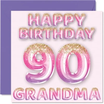 Afbeelding van 90e verjaardagskaart voor oma roze en paarse glitterballonnen gelukkige verjaardagskaarten 90 jarige van kleinzoon kleindochter, 145 mm x cadeau