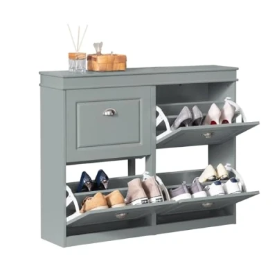 Afbeelding van SoBuy FSR79 HG Schoenenkast met 4 Kleppen Schoenenrek Schoenenkipper 8 Planken Grijs it BHT ca.: 105x82x24cm