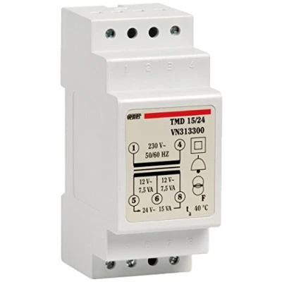 Afbeelding van VEMER VN313300 TMD 15/24 transformator 24 V voor deurbel, installatie op DIN rail, primaire spanning 230 V, secundaire 12 vermogen 15 VA, wit