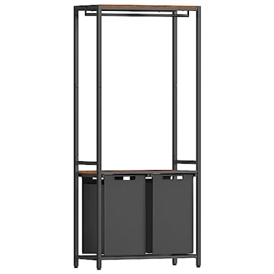 Afbeelding van VASAGLE BLH231B02 Wasmand, 2 delige wasmand met planken, uittrekbare en uitneembare voeringen, kledingstang, 2x 46 l, 73 x 33 177 cm, rustiek bruin zwart