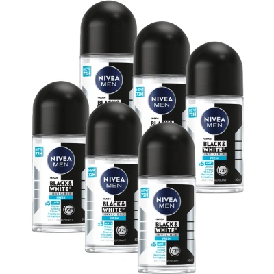 Afbeelding van 6x NIVEA Men &quot;Invisible Black &amp; White Fresh&quot; Deo Roll on 50ml