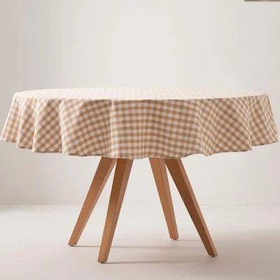 Afbeelding van GAMUSI Tafelkleed, vlekbestendig, rond, vichy patroon, katoen, voelt aan als stof, 160 x cm, beige