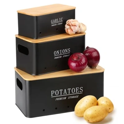 Afbeelding van Otauoaea Aardappeldoos set van 3 aardappelen uiendoos knoflookbox aardappelbewaardoos met bamboedeksel opbergdoos voor keuken zwart