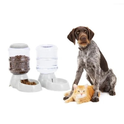 Afbeelding van Navaris Automatische Voerbak en Waterbak 3,8 l Voer Water Dispenserflessen voor Hond, Kat, Puppy, Kitten Set van 2 Grijs
