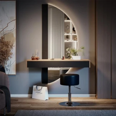 Afbeelding van Vicco Kaptafel &quot;Melisa&quot;, Eiken/Zwart, 120 cm met verlichting en kruk