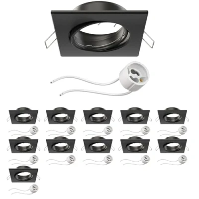 Afbeelding van ledscom.de 12 st. plafondinbouwraam RIR inbouwraam zwart mat hoekig draaibaar (LED/Halogeen/GU10/MR16/PAR16/50mm) incl. GU10 fitting
