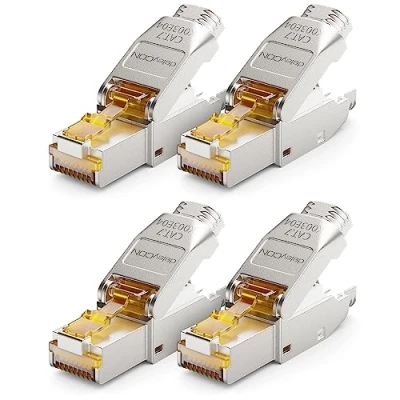 Afbeelding van deleyCON 4x CAT 7 RJ45 Netwerkstekker Gereedschapsloos Afgeschermd 10 Gbit/s 600 MHz voor Starre Installatiekabel Ruwe Kabel Connector Ethernet LAN DSL Patchkabel