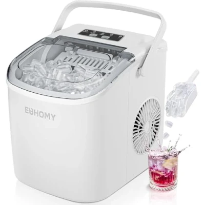 Afbeelding van EUHOMY ijsblokjesmachine, kleine 9 ijsblokjes in 6 minuten, zelfreinigende met draaggreep en ijsmand, 12 kg/dag, geschikt voor keuken, thuis, camping, camper, wit