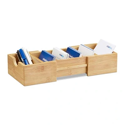 Afbeelding van Relaxdays visitekaartjeshouder bamboe, uitschuifbaar, organizer voor bureau, H x B D: ca. 5,5 13 30 cm, natuur