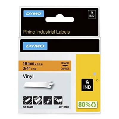 Afbeelding van DYMO Rhino industriële vinyletiketten, 19 x 5,5 m, zwart op oranje, zelfklevende tape, voor en LabelManager labelprinter