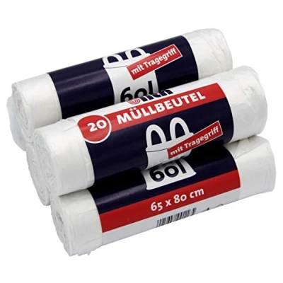 Afbeelding van 100 afvalzakken/vuilniszakken met handgreep, 60 liter, 20 stuks per rol, scheurbestendig en vloeistofdicht, product verpakking recyclebaar (verpakking 5 rollen)