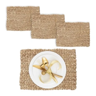 Afbeelding van Relaxdays placemat, set van 4, gevlochten design, waterhyacint, HxBxD: 1,5 x 42 30 cm, rechthoekig, borden, natuur