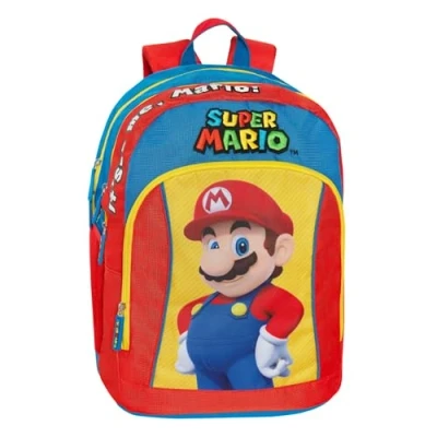 Afbeelding van Super Mario schoolrugzak met 2 grote centrale ruimtes, ruim voorvak, verstelbare en gevoerde schouderbanden, achterkant bodem, 32 x 43 23 cm, blauw rood, Blauw, 32x43Hx23 Casual