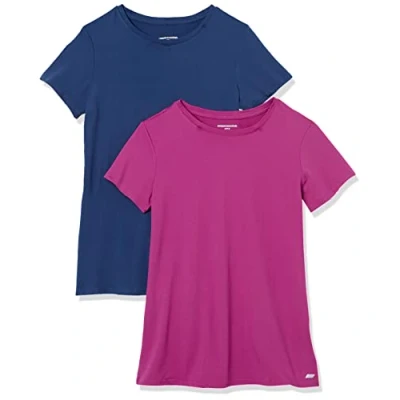 Afbeelding van Amazon Essentials Dames Tech Stretch T shirt met korte mouwen en ronde hals (verkrijgbaar in grote maten), 2 Pack, Blauw/Paars, S