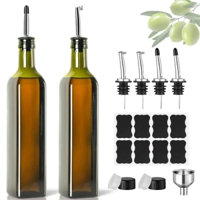 Afbeelding van Oliefles 2 x 500 ml azijn en oliedispenser, olijfoliefles met trechter, aanslagvrij deksel, etiket, glazen fles voor keuken BBQ (groen, ml)