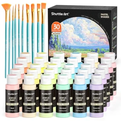 Afbeelding van Shuttle Art Acrylverfset pastelkleuren, 30 pastelkleuren (60 ml) met 10 penselen, acrylverf voor kinderen, ideaal handwerk en schilderen op canvas, steen, keramiek, glas