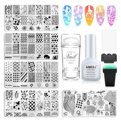 Afbeelding van AIMEILI Nail Stamper Art Stempelen Sjablonen Manicure Tool Kit, 5 Stuks Stamping Plates, 2 Stamper, Schraper, French Tip Print Set
