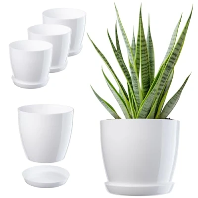 Afbeelding van KADAX Bloempot, plantenpotset met onderschotel, kunststof bloempot ronde plantenpot voor binnen, bloemen en kamerplanten, kruidenpot (set van 3 20 cm, wit)