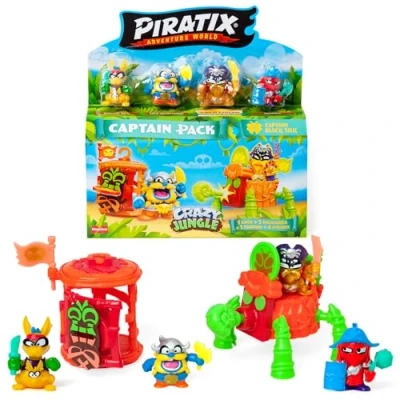 Afbeelding van PIRATIX ADVENTURE WORLD Crazy Jungle serie, Captain Pack Black Silk bevat 4 piratix, 1 gouden kapitein, neon accessoires, kooi, kanon, 2 exclusieve schatten, neonvlaggen. 1/6